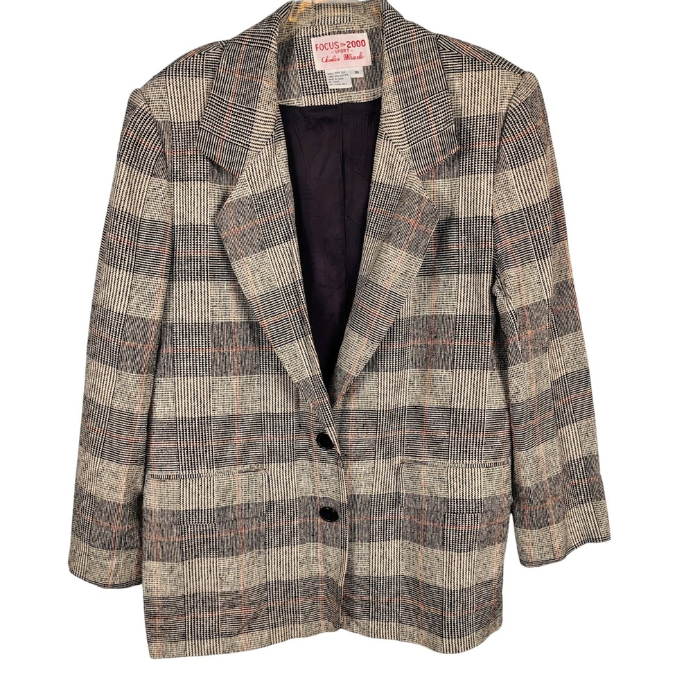 Womens SZ 16 Focus 2000 Silk Blazer Multicolor Plaid Dark Academia Officecore
